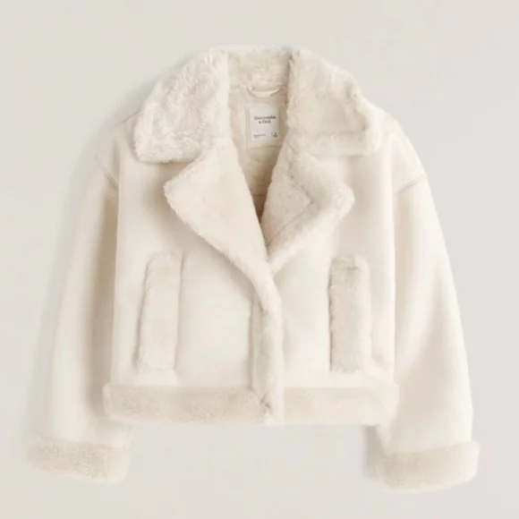 Abercrombie and Fitch Oversized Short Sherpa Lined Vegan Leather Coat White - Picture 1 of 6